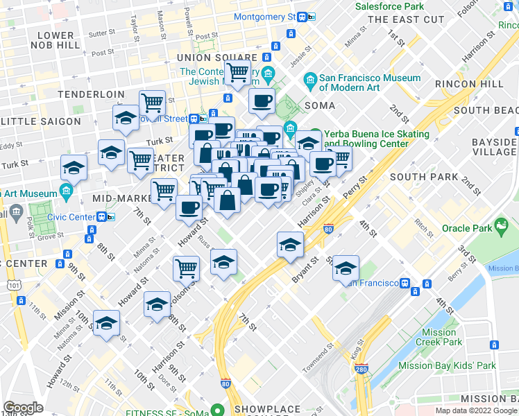 map of restaurants, bars, coffee shops, grocery stores, and more near 241 5th Street in San Francisco