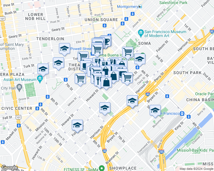 map of restaurants, bars, coffee shops, grocery stores, and more near 953 Howard Street in San Francisco