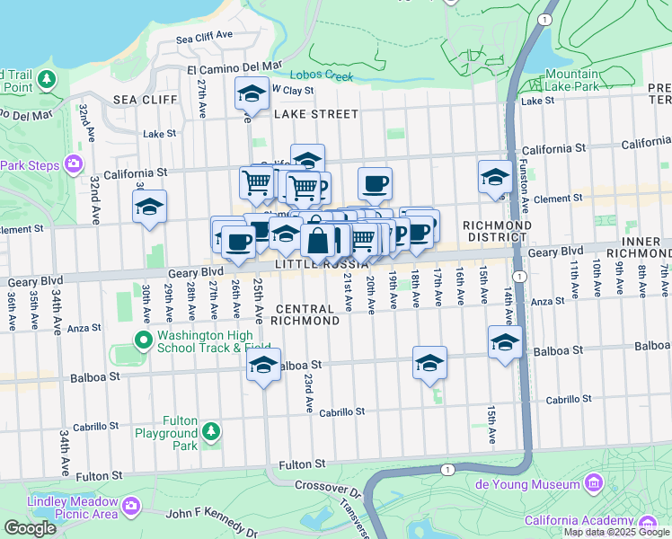 map of restaurants, bars, coffee shops, grocery stores, and more near in San Francisco