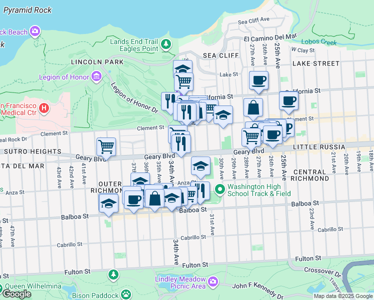 map of restaurants, bars, coffee shops, grocery stores, and more near 462 33rd Avenue in San Francisco