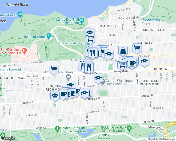 map of restaurants, bars, coffee shops, grocery stores, and more near 462 33rd Avenue in San Francisco