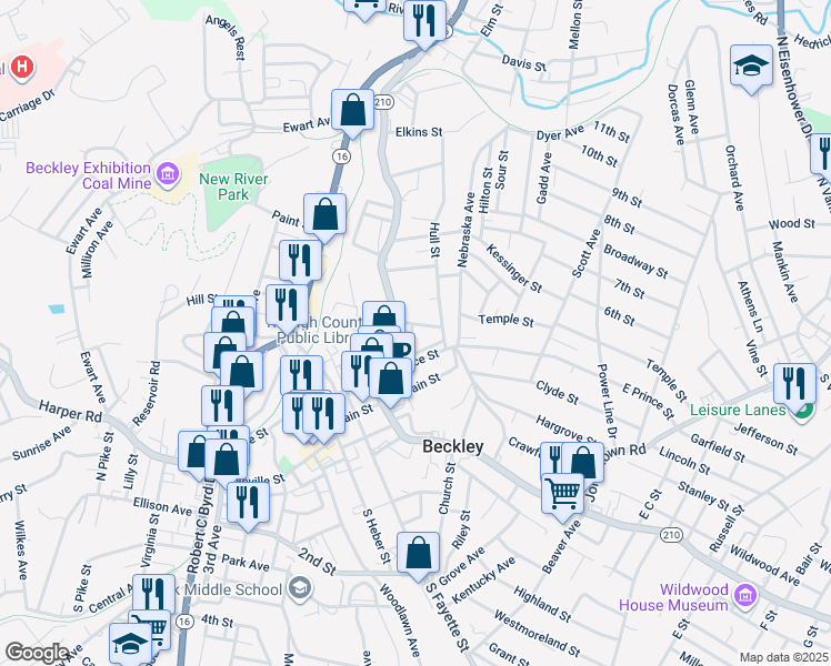 map of restaurants, bars, coffee shops, grocery stores, and more near 119 Wilson Street in Beckley