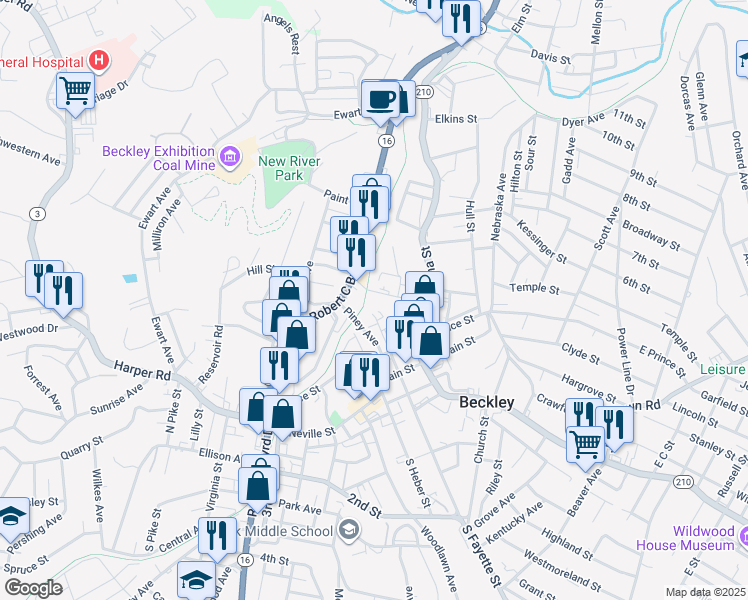 map of restaurants, bars, coffee shops, grocery stores, and more near in Beckley