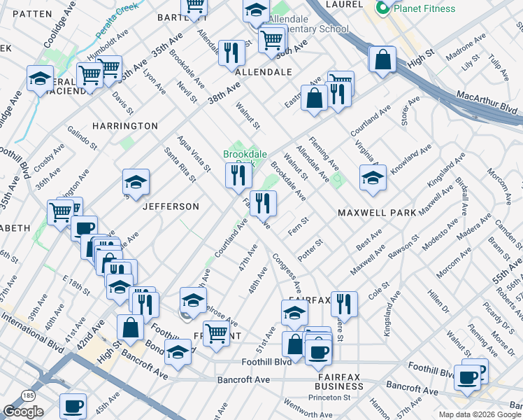 map of restaurants, bars, coffee shops, grocery stores, and more near 4624 Fairfax Avenue in Oakland