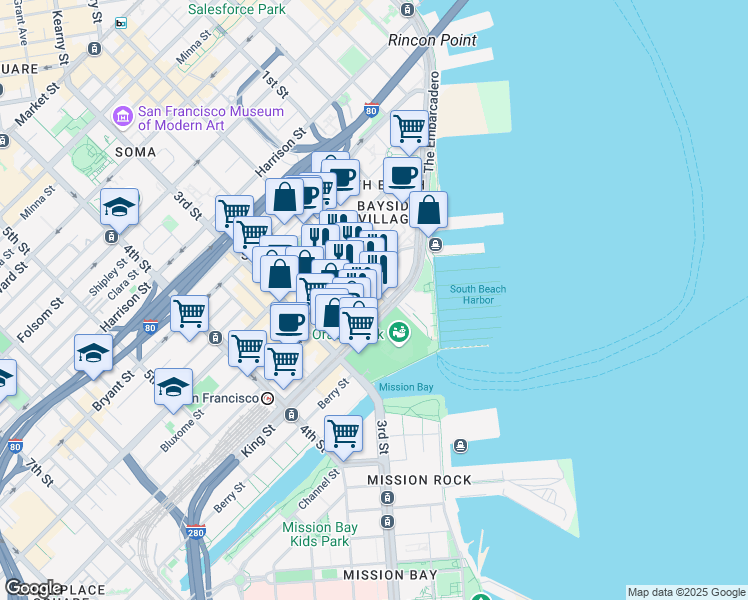 map of restaurants, bars, coffee shops, grocery stores, and more near 750 2nd Street in San Francisco
