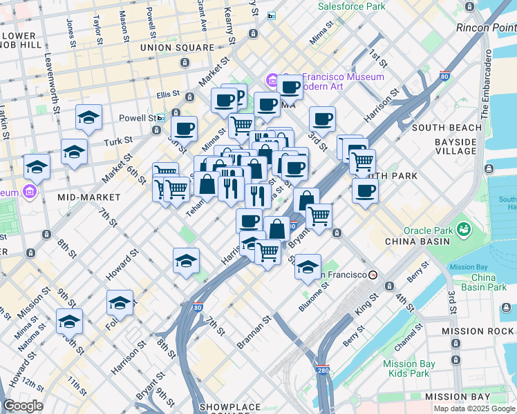 map of restaurants, bars, coffee shops, grocery stores, and more near 28 Scott Alley in San Francisco