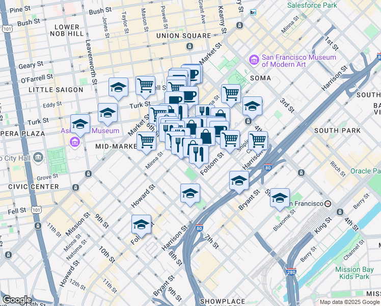 map of restaurants, bars, coffee shops, grocery stores, and more near 953 Howard Street in San Francisco
