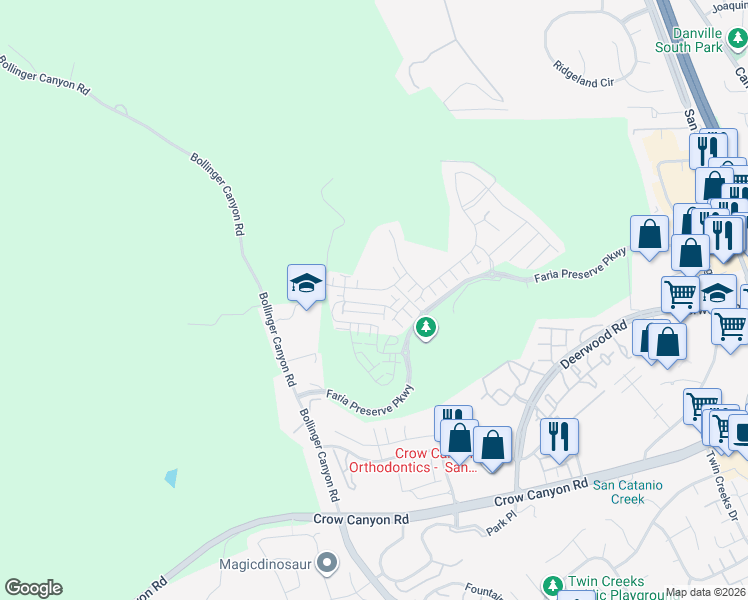 map of restaurants, bars, coffee shops, grocery stores, and more near 32102 Via Vicenza in San Ramon