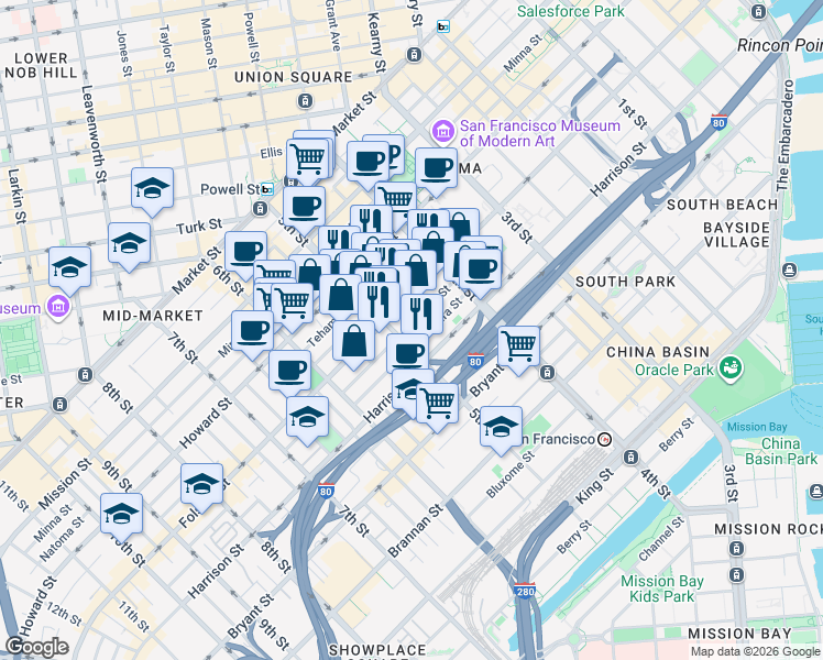 map of restaurants, bars, coffee shops, grocery stores, and more near 280 5th Street in San Francisco