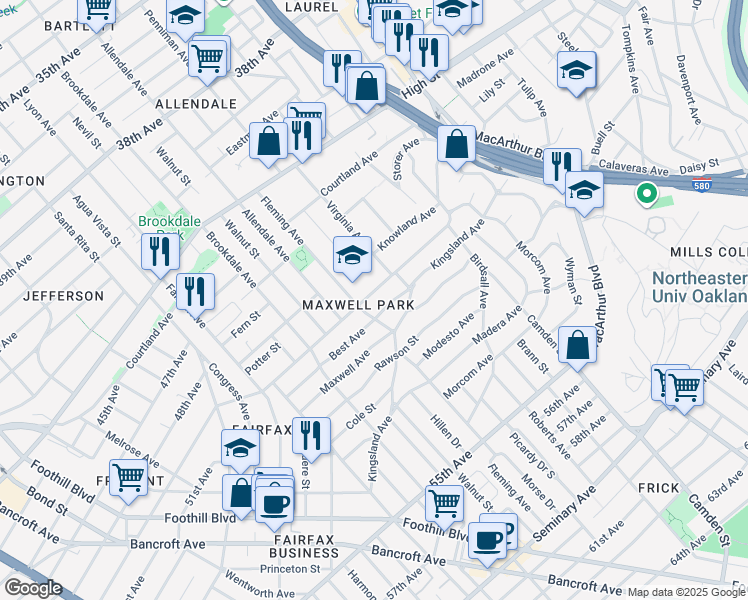 map of restaurants, bars, coffee shops, grocery stores, and more near 2820 Monticello Avenue in Oakland