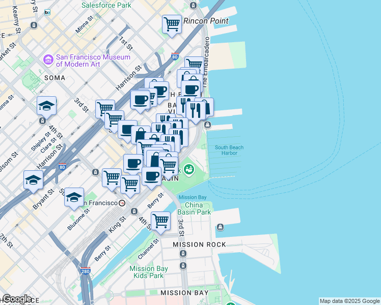 map of restaurants, bars, coffee shops, grocery stores, and more near 47 King Street in San Francisco