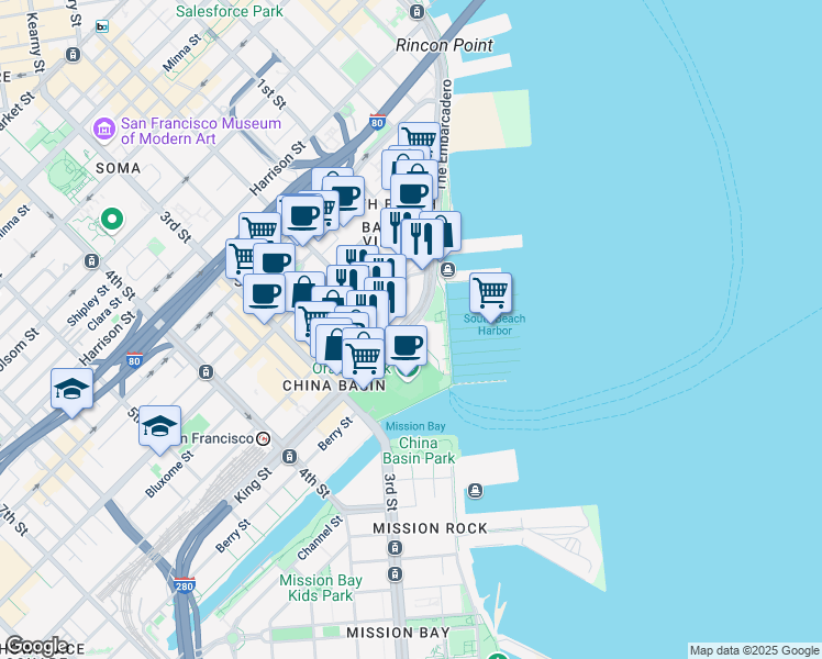 map of restaurants, bars, coffee shops, grocery stores, and more near 47 King Street in San Francisco