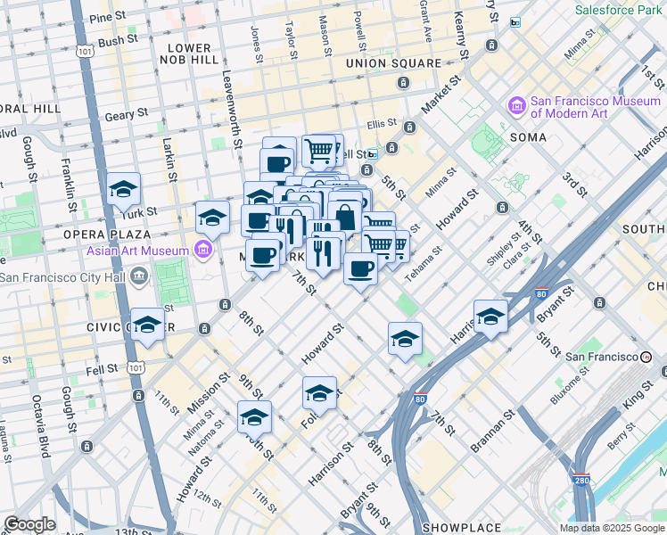 map of restaurants, bars, coffee shops, grocery stores, and more near 1045 Mission Street in San Francisco