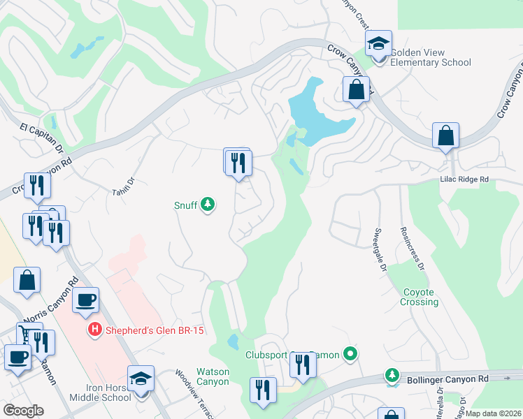 map of restaurants, bars, coffee shops, grocery stores, and more near 3073 Lakemont Drive in San Ramon