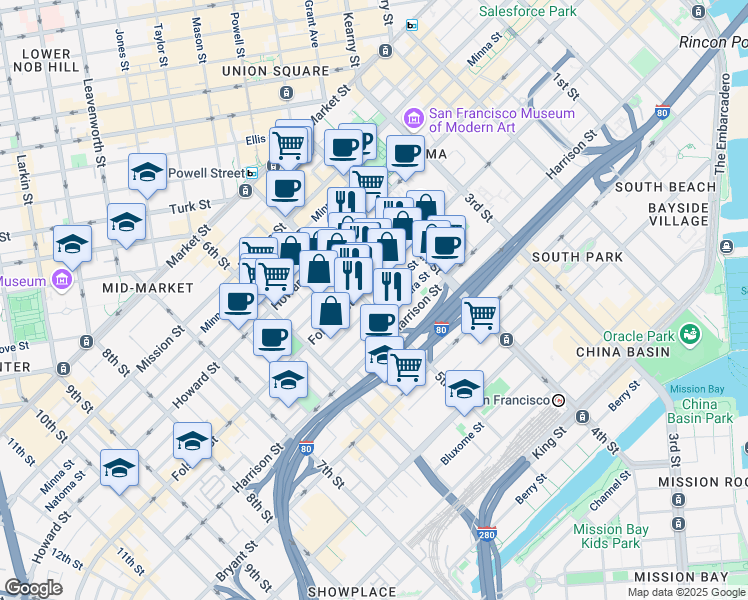 map of restaurants, bars, coffee shops, grocery stores, and more near 280 5th Street in San Francisco