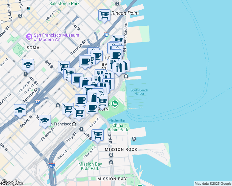 map of restaurants, bars, coffee shops, grocery stores, and more near 39 King Street in San Francisco