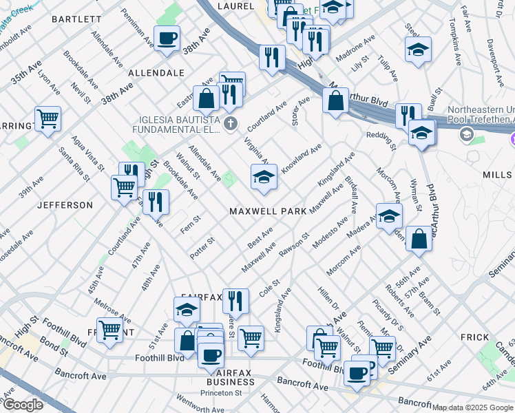 map of restaurants, bars, coffee shops, grocery stores, and more near in Oakland
