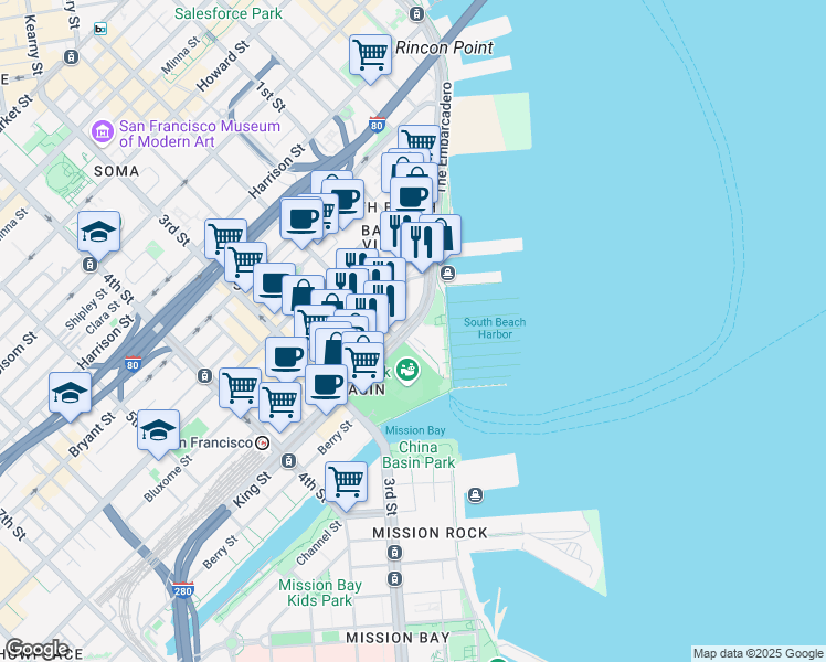 map of restaurants, bars, coffee shops, grocery stores, and more near 75 Townsend Street in San Francisco