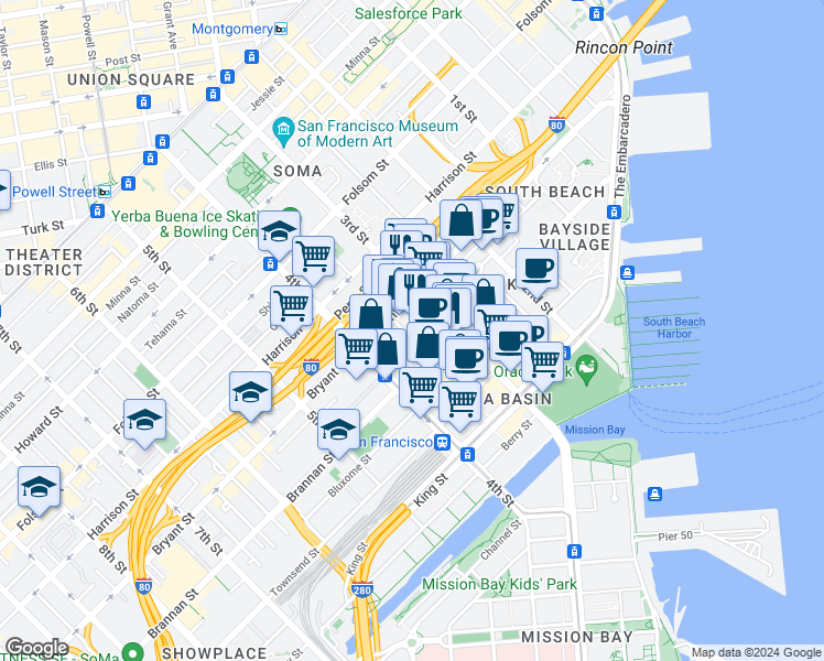 map of restaurants, bars, coffee shops, grocery stores, and more near 550 3rd Street in San Francisco