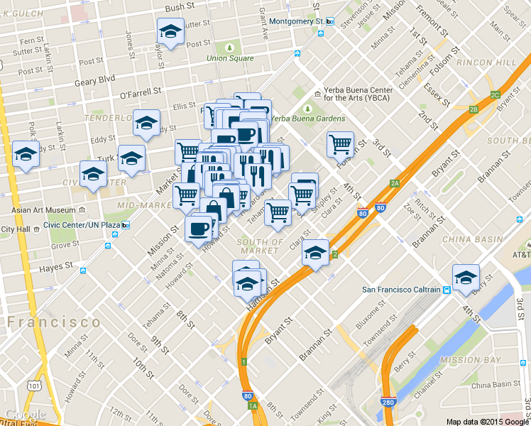 map of restaurants, bars, coffee shops, grocery stores, and more near 953 Howard Street in San Francisco