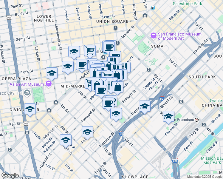 map of restaurants, bars, coffee shops, grocery stores, and more near in San Francisco