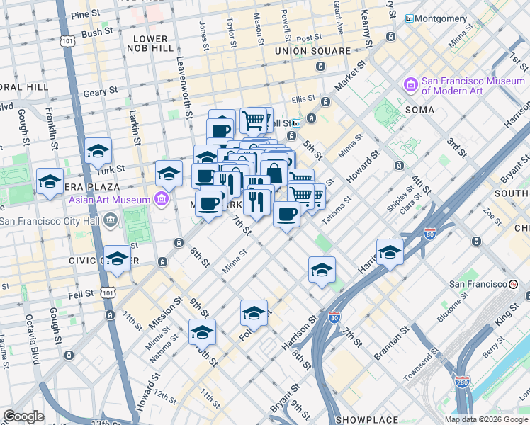 map of restaurants, bars, coffee shops, grocery stores, and more near 1018 V in San Francisco
