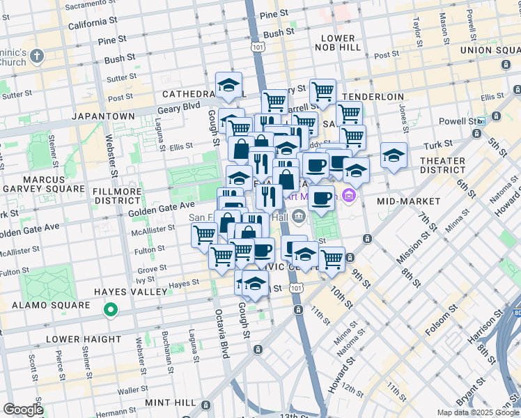 map of restaurants, bars, coffee shops, grocery stores, and more near 629 629v in San Francisco