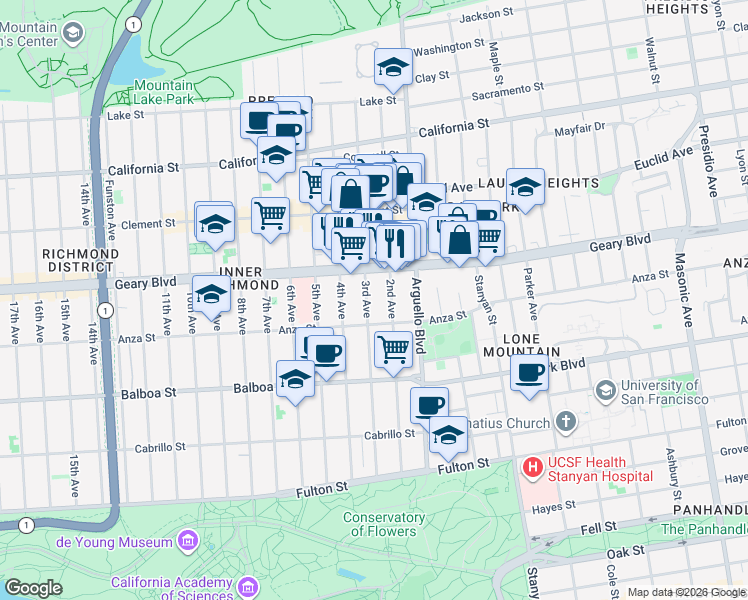map of restaurants, bars, coffee shops, grocery stores, and more near 435 2nd Avenue in San Francisco