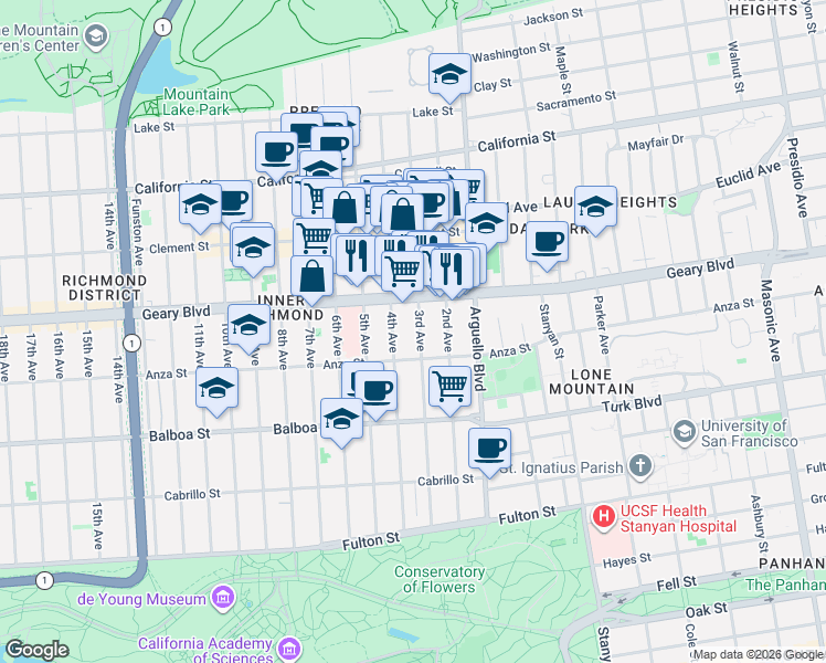 map of restaurants, bars, coffee shops, grocery stores, and more near 415 3rd Avenue in San Francisco