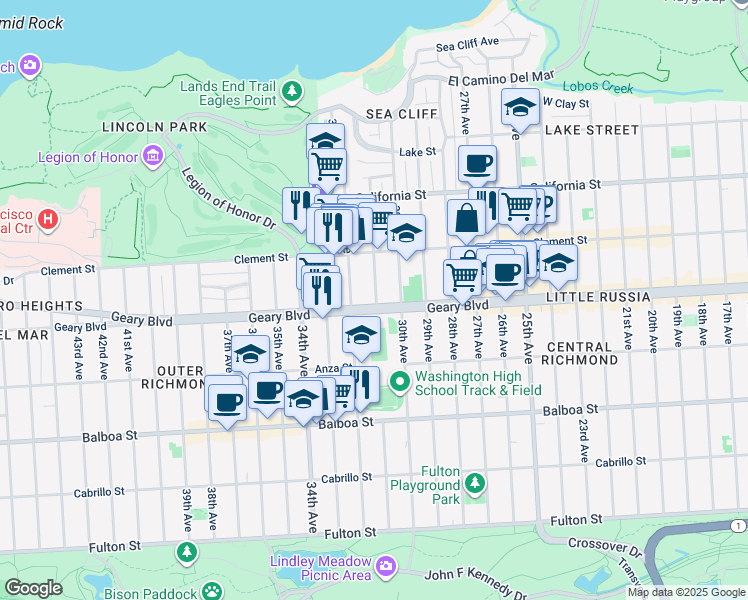 map of restaurants, bars, coffee shops, grocery stores, and more near 463 31st Avenue in San Francisco