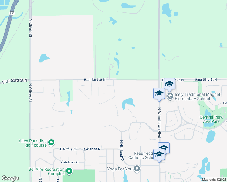 map of restaurants, bars, coffee shops, grocery stores, and more near 5859 East 53rd Street North in Bel Aire