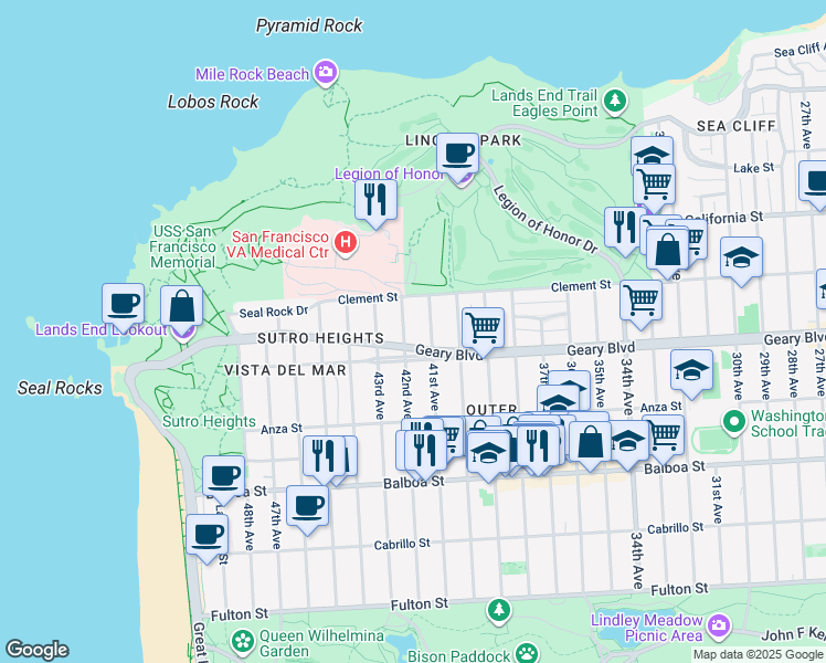map of restaurants, bars, coffee shops, grocery stores, and more near 460 42nd Avenue in San Francisco