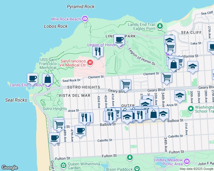 map of restaurants, bars, coffee shops, grocery stores, and more near 460 42nd Avenue in San Francisco