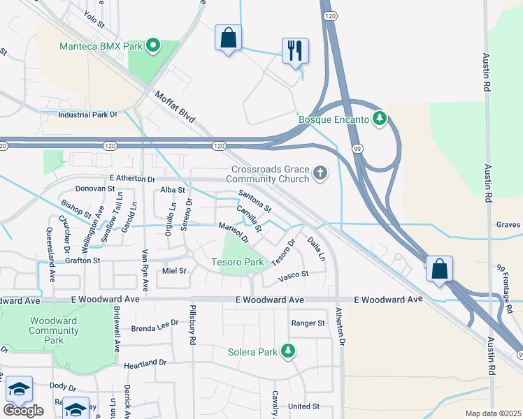 map of restaurants, bars, coffee shops, grocery stores, and more near 1431 Paco Way in Manteca