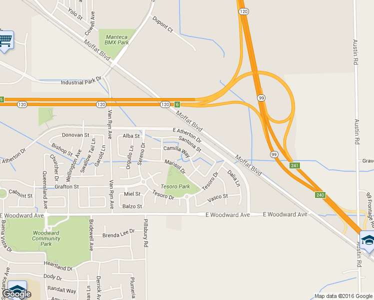 map of restaurants, bars, coffee shops, grocery stores, and more near 1377 Camilla Street in Manteca