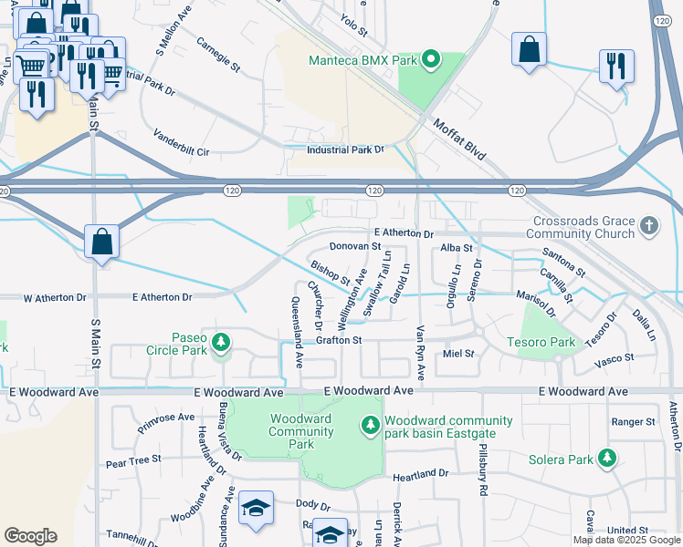 map of restaurants, bars, coffee shops, grocery stores, and more near 767 Bishop Street in Manteca