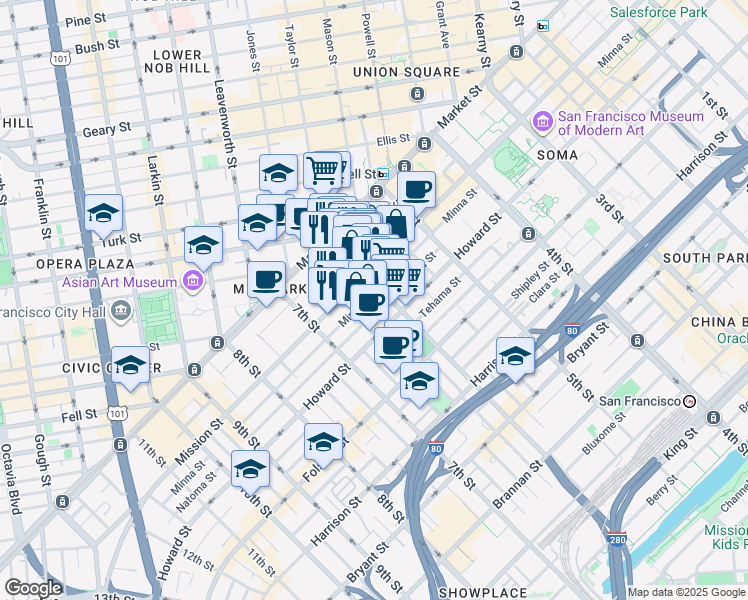 map of restaurants, bars, coffee shops, grocery stores, and more near 1013 Mission Street in San Francisco
