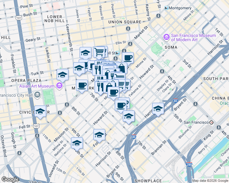 map of restaurants, bars, coffee shops, grocery stores, and more near 511 Minna Street in San Francisco