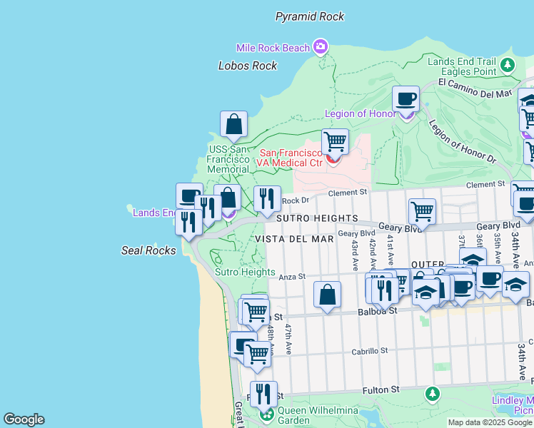 map of restaurants, bars, coffee shops, grocery stores, and more near 2671 El Camino Del Mar in San Francisco