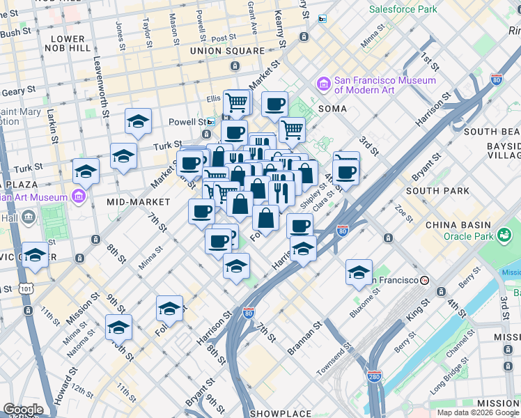 map of restaurants, bars, coffee shops, grocery stores, and more near 436 Clementina Street in San Francisco