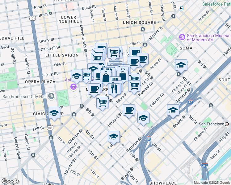 map of restaurants, bars, coffee shops, grocery stores, and more near 1068 Mission Street in San Francisco