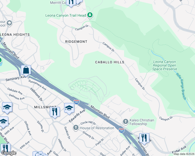 map of restaurants, bars, coffee shops, grocery stores, and more near 6707 Skyview Drive in Oakland