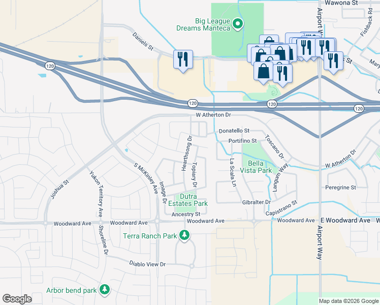 map of restaurants, bars, coffee shops, grocery stores, and more near 1518 Hearthsong Drive in Manteca