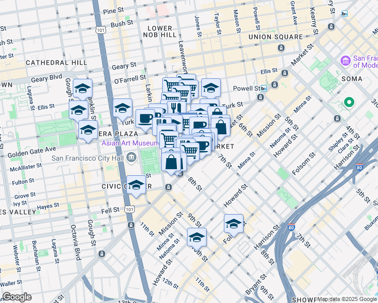 map of restaurants, bars, coffee shops, grocery stores, and more near 50 United Nations Plaza in San Francisco