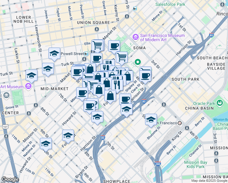 map of restaurants, bars, coffee shops, grocery stores, and more near 241 5th Street in San Francisco