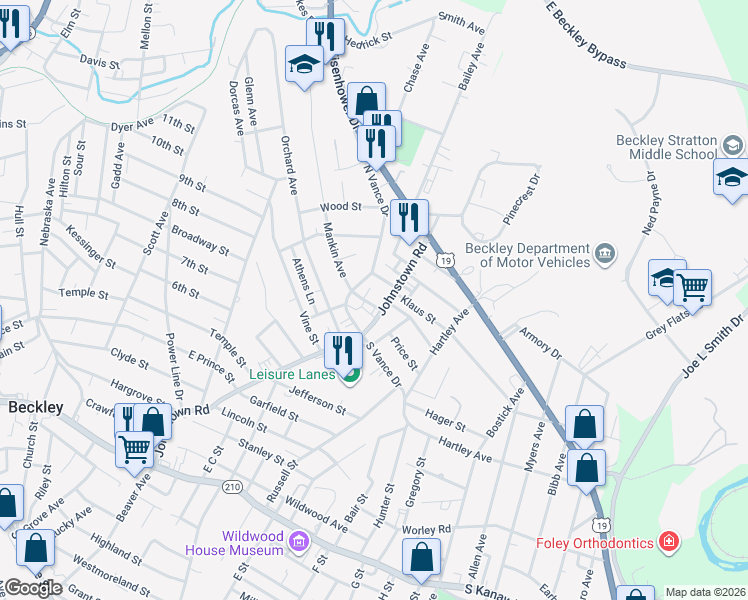 map of restaurants, bars, coffee shops, grocery stores, and more near 901 Johnstown Road in Beckley