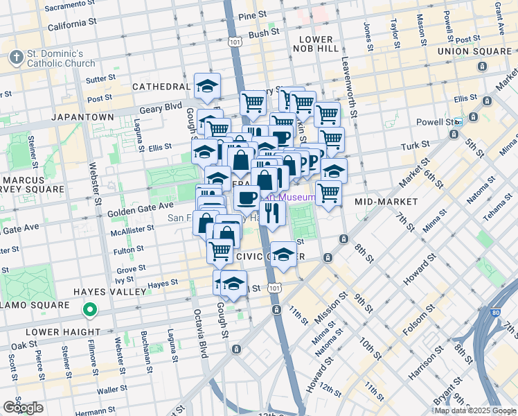 map of restaurants, bars, coffee shops, grocery stores, and more near 505 Van Ness Avenue in San Francisco