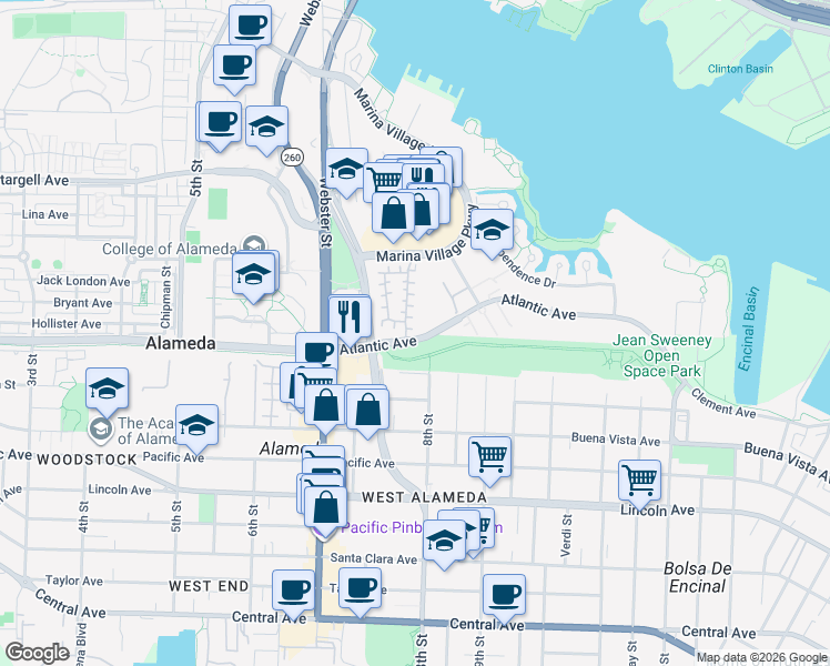 map of restaurants, bars, coffee shops, grocery stores, and more near 6 Weiss Court in Alameda
