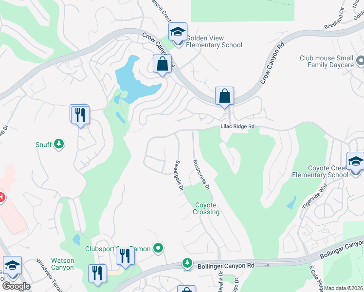 map of restaurants, bars, coffee shops, grocery stores, and more near 4596 Sweetgale Drive in San Ramon