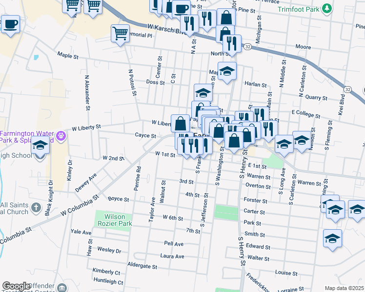 map of restaurants, bars, coffee shops, grocery stores, and more near 101 South A Street in Farmington